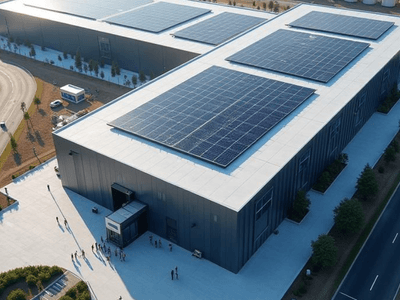 Aerial view of a large warehouse with solar panels on the roof