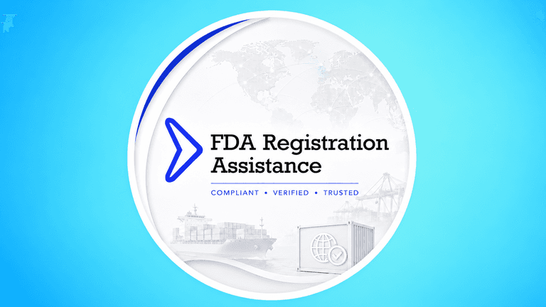 Logo for FDA Registration Assistance featuring a globe and shipping imagery on a blue background