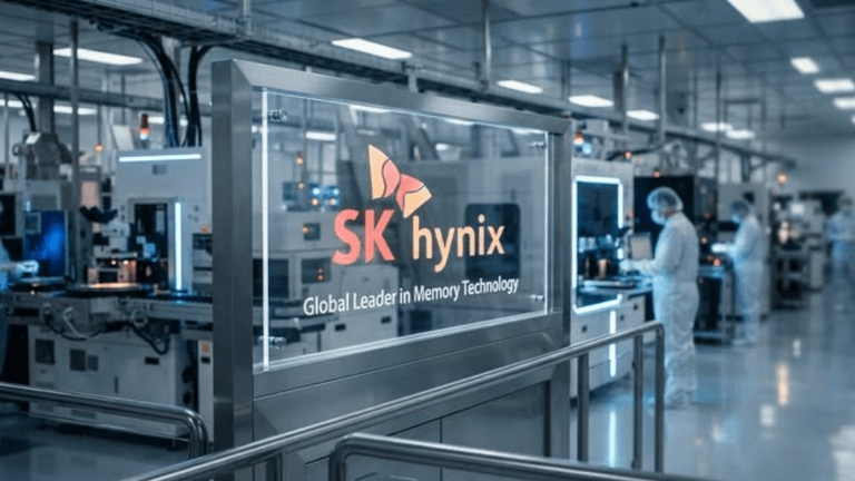 Interior view of SK Hynix semiconductor factory with workers and equipment in operation